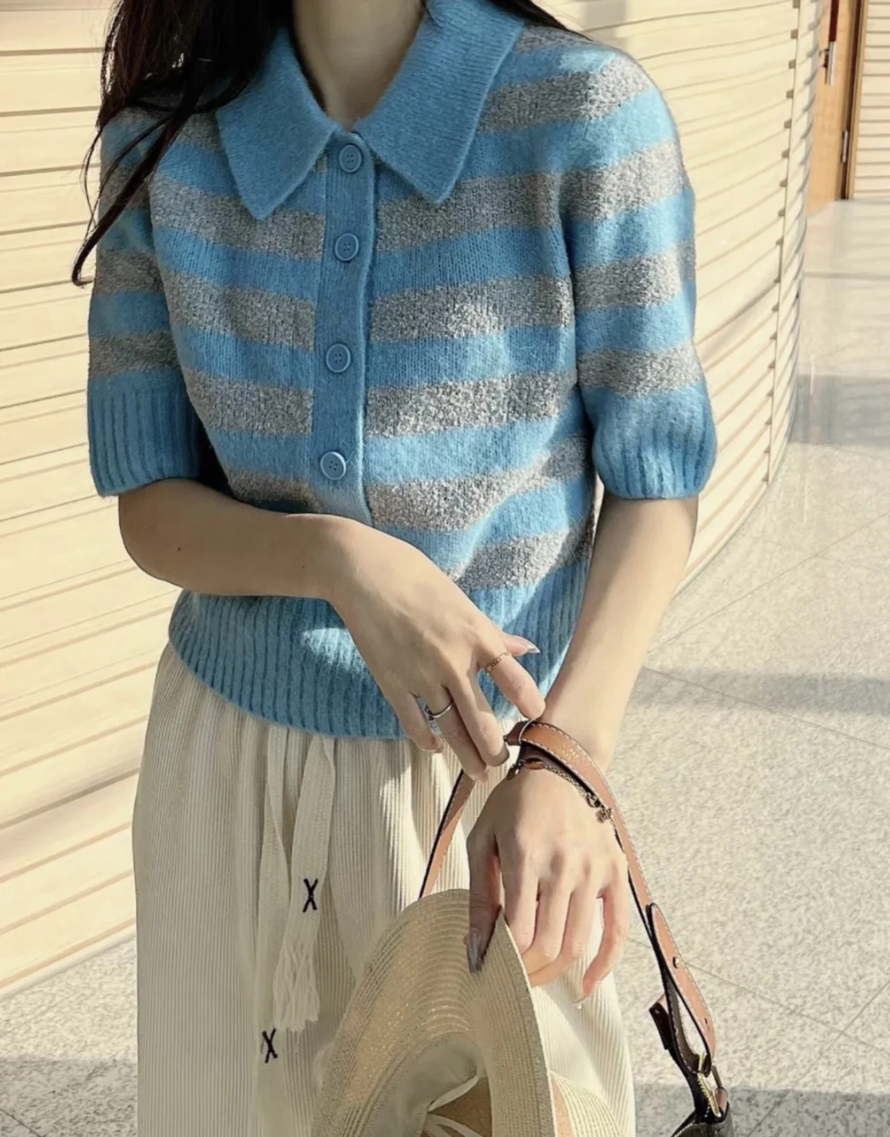 polo neck knit top New spring 2024 spliced horizontal stripe wool blend button half cardigan short sleeve top for women