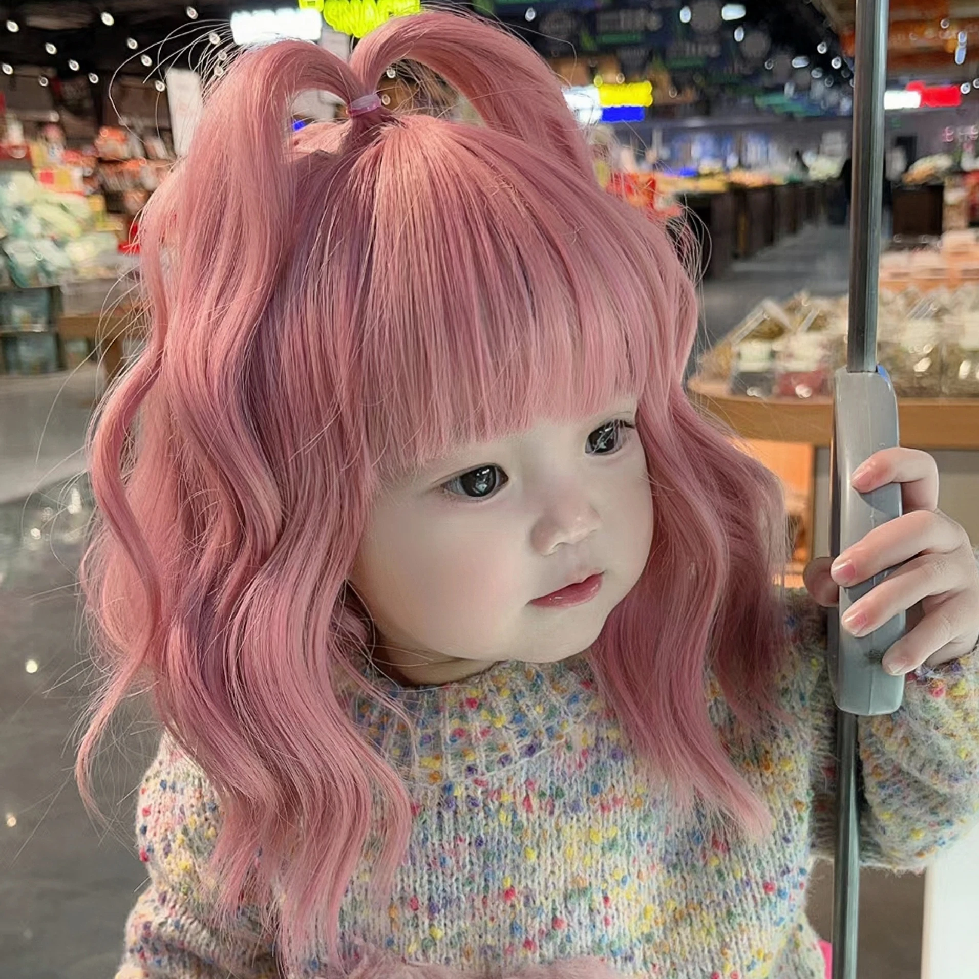 Children\'s Wig Girl Pink Medium Length Curly Hair Baby Bubble Face Hairstyle Baby Cute Reborn Doll Accessories Kids Head Cover