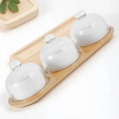 

1 комплект, деревянный поднос, керамические миски, стеклянная крышка, большая емкость, бытовая посуда, белая керамическая салатница, десертная тарелка