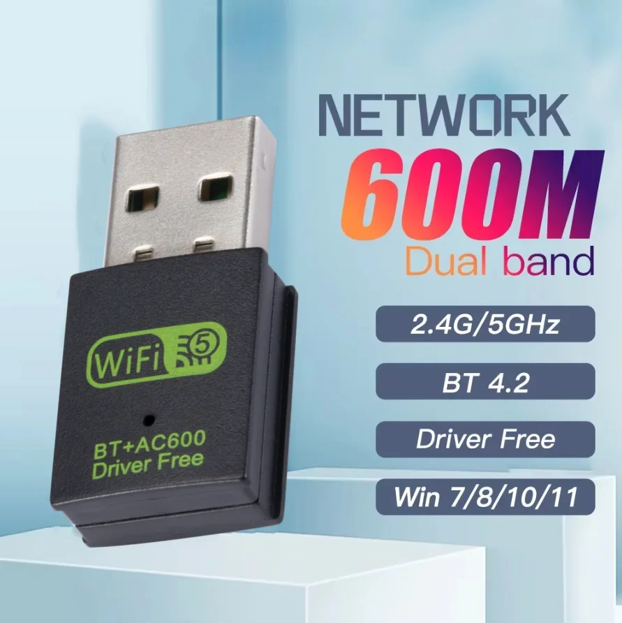

USB Wi-Fi Bluetooth-адаптер 600 Мбит/с двухдиапазонный 2,4 ГГц 5 ГГц мини-беспроводной сетевой внешний приемник 2 в 1 для ПК, ноутбука, настольного компьютера