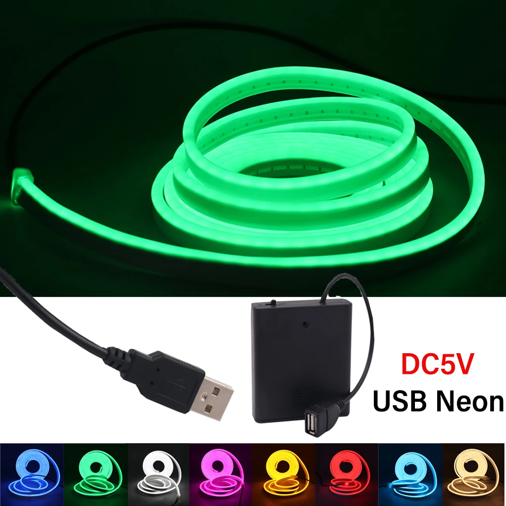 USB Neon LED Strip Light 5V 120LEDs/m SMD 2835 Waterproof Flexible Neon Rope Tape with Battery Box for Home Decoration 0.5-3m