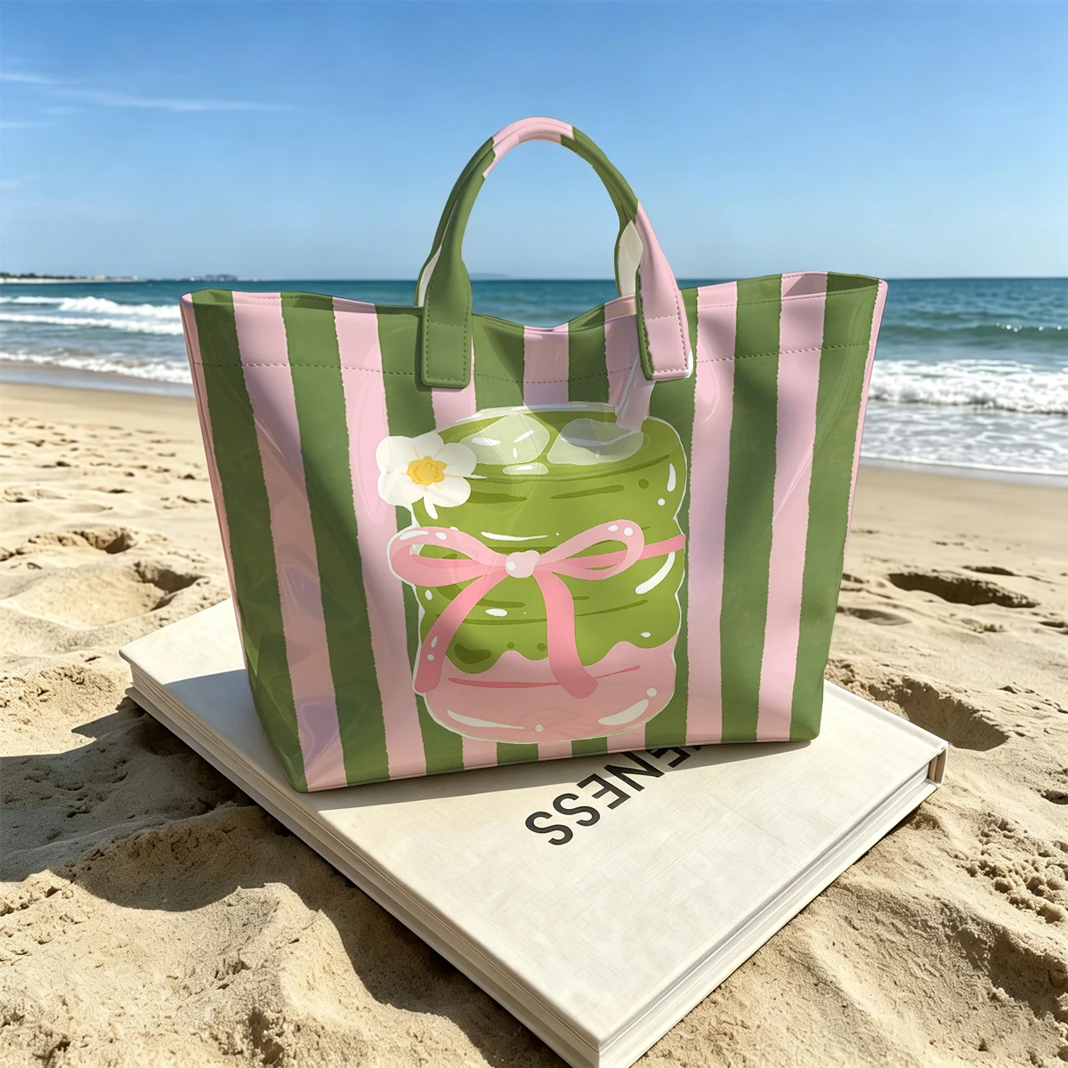 Drink Graphic Hot Sale Large Glossy PVC Tote Bag Hand Washable Waterproof Great for Travel Commute Makeup Storage Handbags
