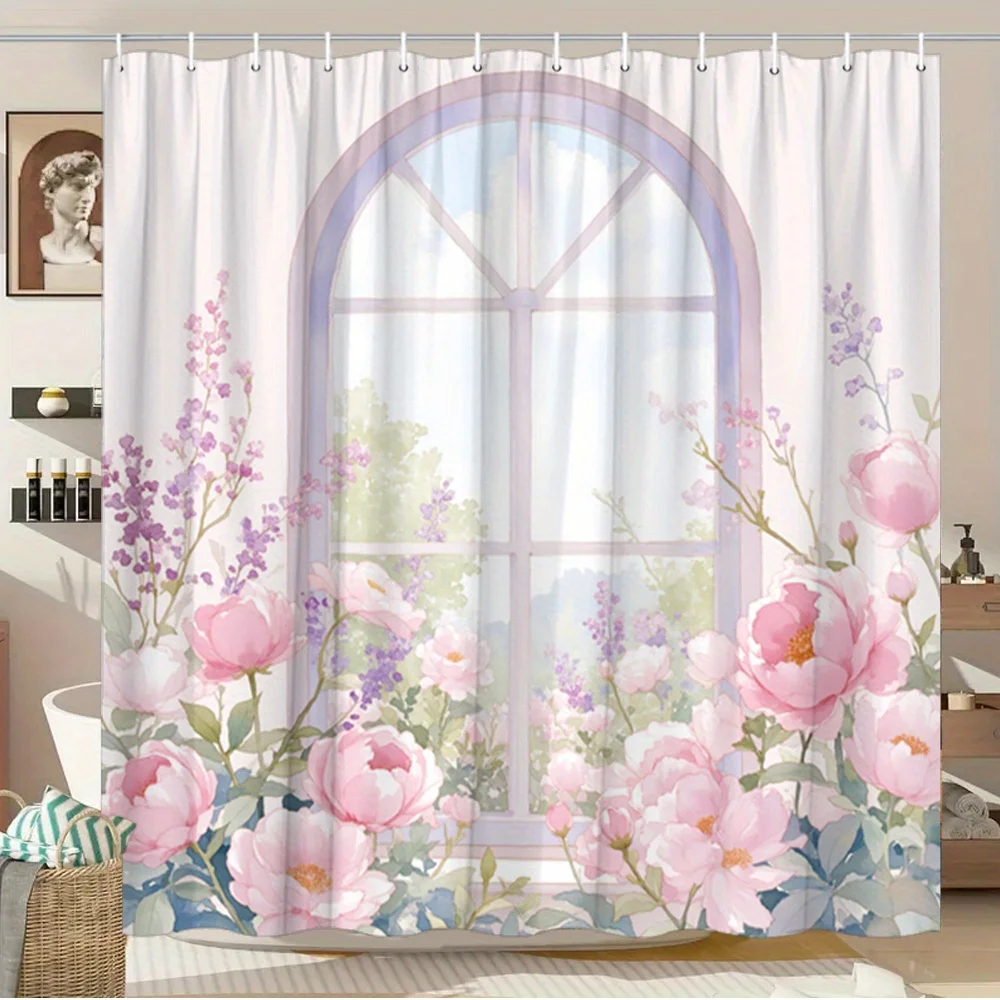 1pc 2D Flat Garden Window Shower Curtain Pink Purple Peonies Roses Arch View Lush Greenery Modern Bathroom Decor Shower Curtain