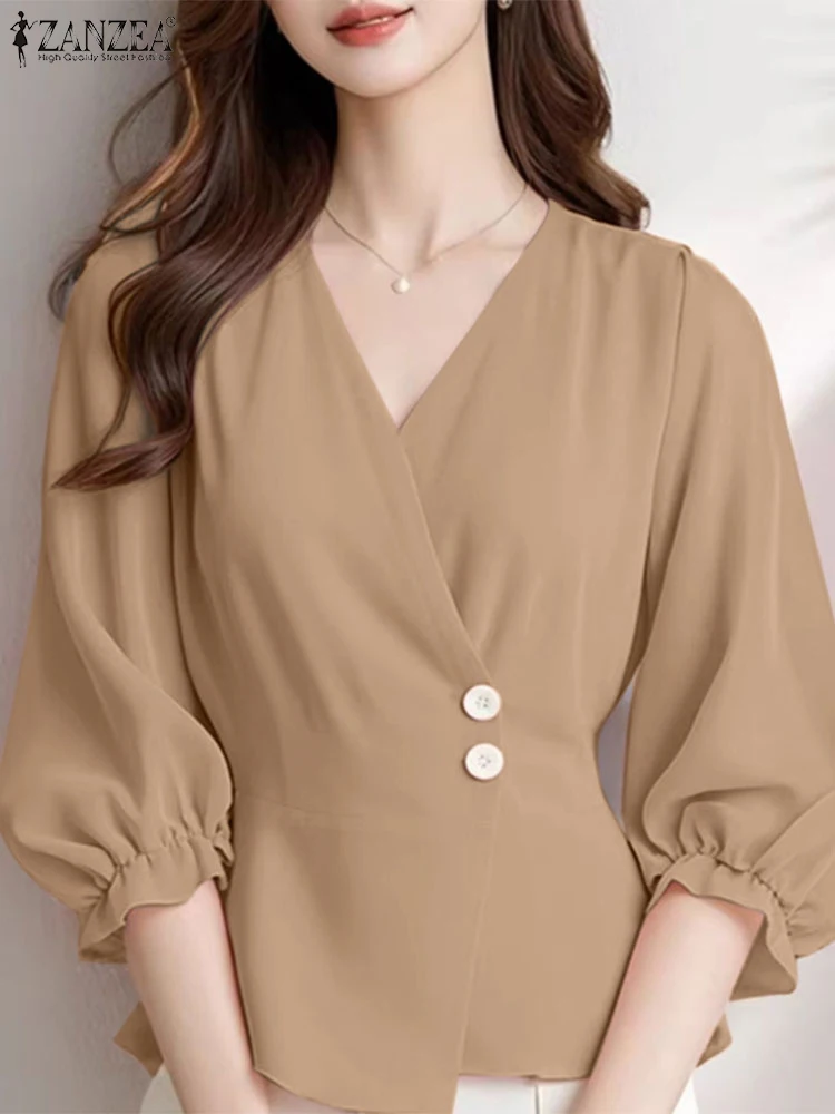 ZANZEA Women Office Lady Blouse Vintage V-neck Tops Fashion 3/4 Pufff Sleeve Blusas Casual Loose Solid Buttons Shirts Oversized