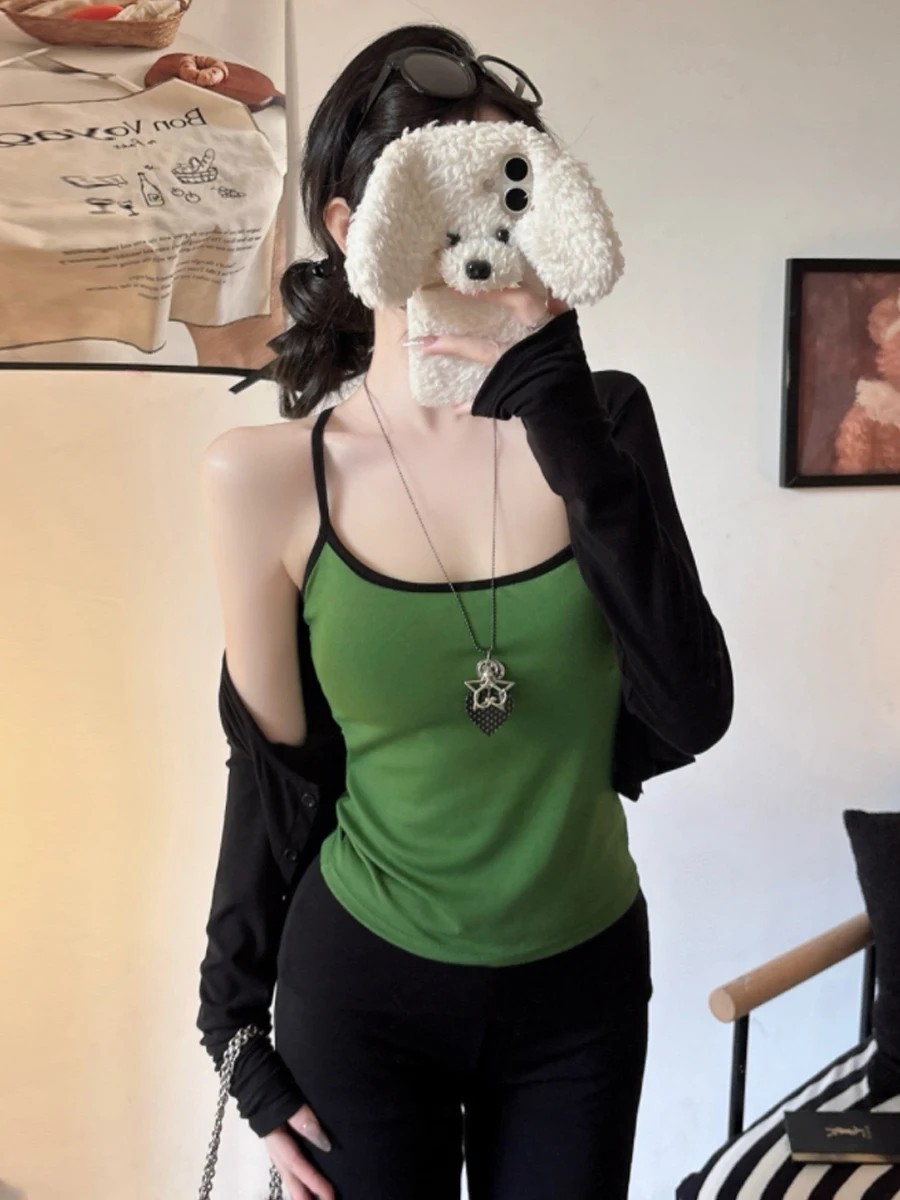 Sexy Spicy Girl Casual Basic Style Vest Women's Slim Fit Short Length Breathable Inner Wear with Chest Pad Work Letter Back D...
