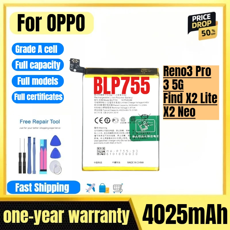 

BLP755 for OPPO Reno3 Pro/3 5G/Find X2 Lite/X2 Neo Phone Battery High Quality High Capacity Replacement Bateria Grade A Cell