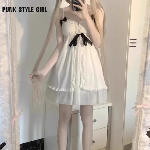 Blanco dulce Anime Cosplay disfraz chica dulce vestido de Lolita Sling Sexy Kawaii pijama japonés camisón de verano ropa de dormir con volantes
