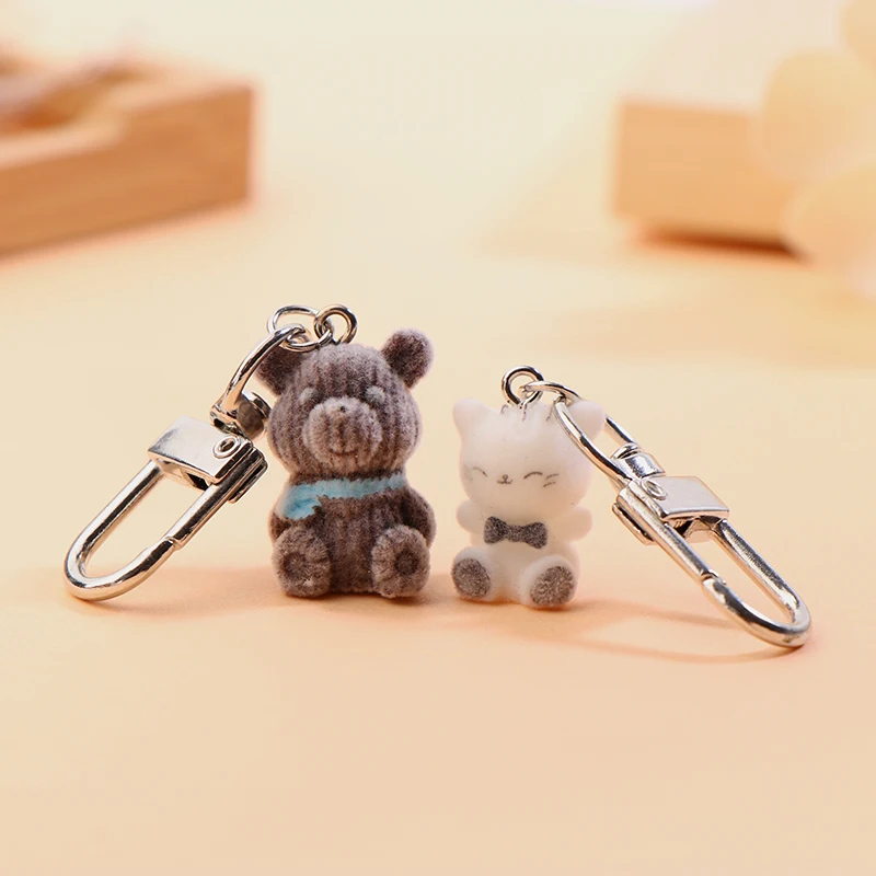 Kawaii Flocking Cat Keychain Cartoon Koala Bear Phone Pendant Headphone Case Charm Backpack Bag Decor Car Key Ring