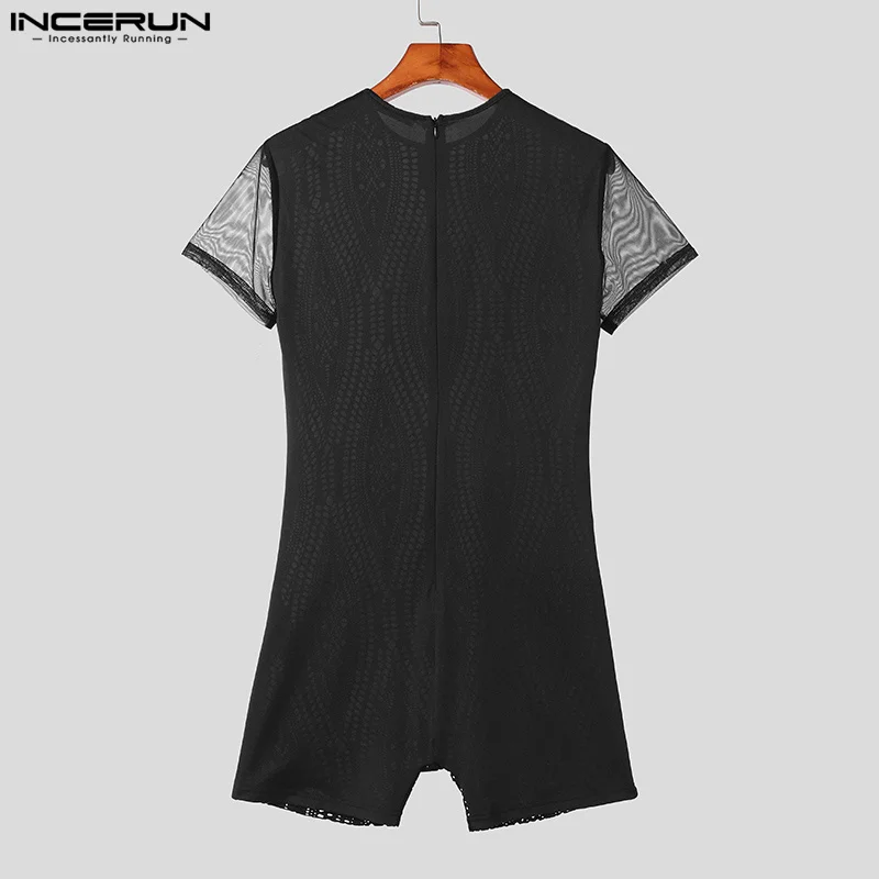 INCERUN 2024 American Style Men\'s O-neck Rompers Fashion See-through Lace Patchwork Jumpsuits Sexy Short Sleeved Bodysuits S-3XL