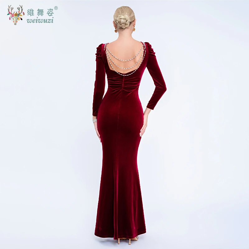 New Autumn and Winter Solid Color Gold Velvet Round Neck Diamond Studded Bead Long Sleeved Slim Fit Waist Mermaid Evening Dress