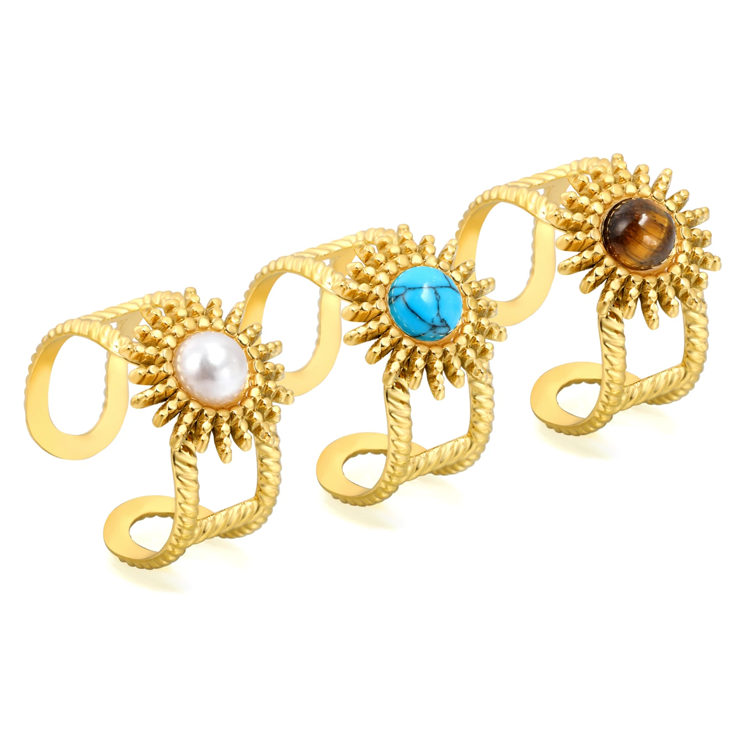 LUXUSTEEL Blue Stone Geometric Rings For Women Sun Style Golden Color Circle Open Rings Party Wedding Jewelry Gift