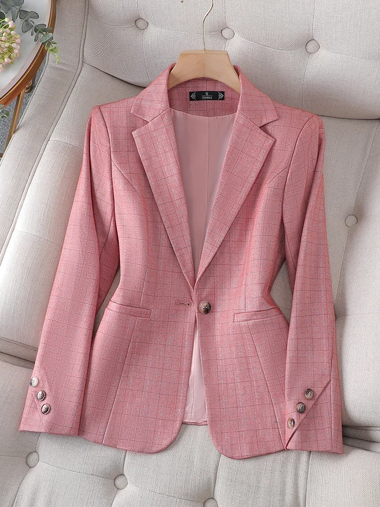 

New Arrival Pink Black Plaid Ladies Formal Blazer Women Female Long Sleeve Single Button Slim Business Work Wear Jacket Coat RFF