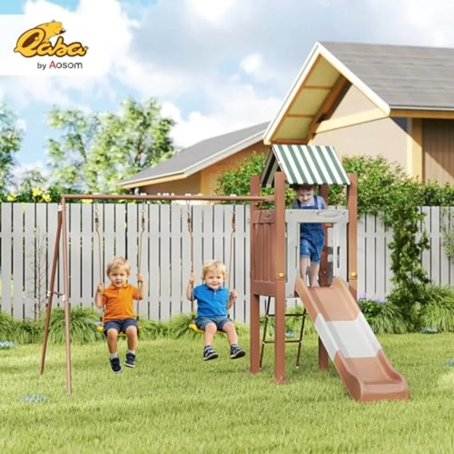 Swing Set for Backyard Playground Set with 6 FT Slide 2 Adjustable Swings Fort with Canopy Ladder Outdoor Playset with Ground S