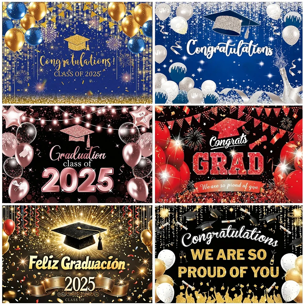 

Black Gold 2025 Graduation Theme Backdrop Graduation Ceremony Party Decorations Bachelor Hat Pink and Gold Balloons Banner