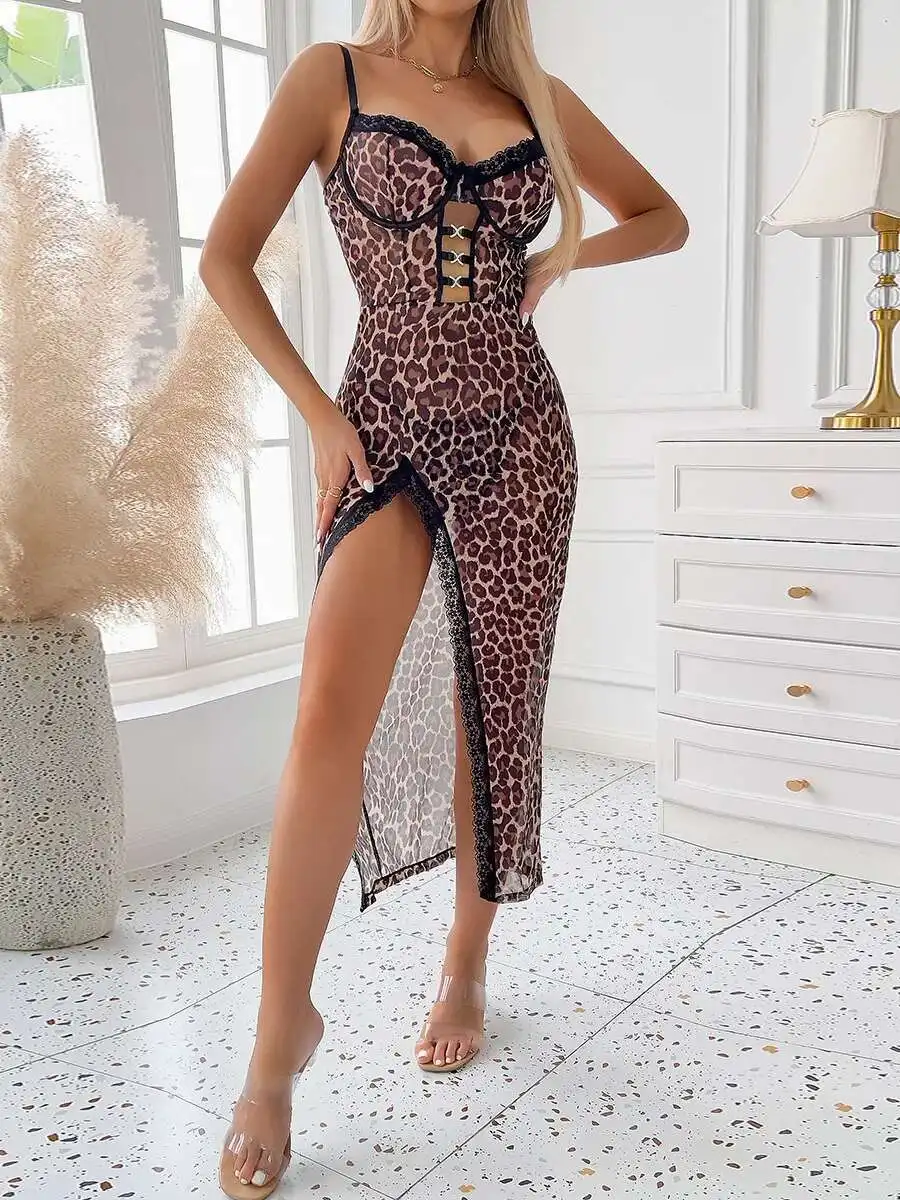 Sexy Leopard Print Sheer Dress Lace Trim Split Passionate Temptation  Backless Deep V Suspenders Sleeveless For Women Dress PHA5