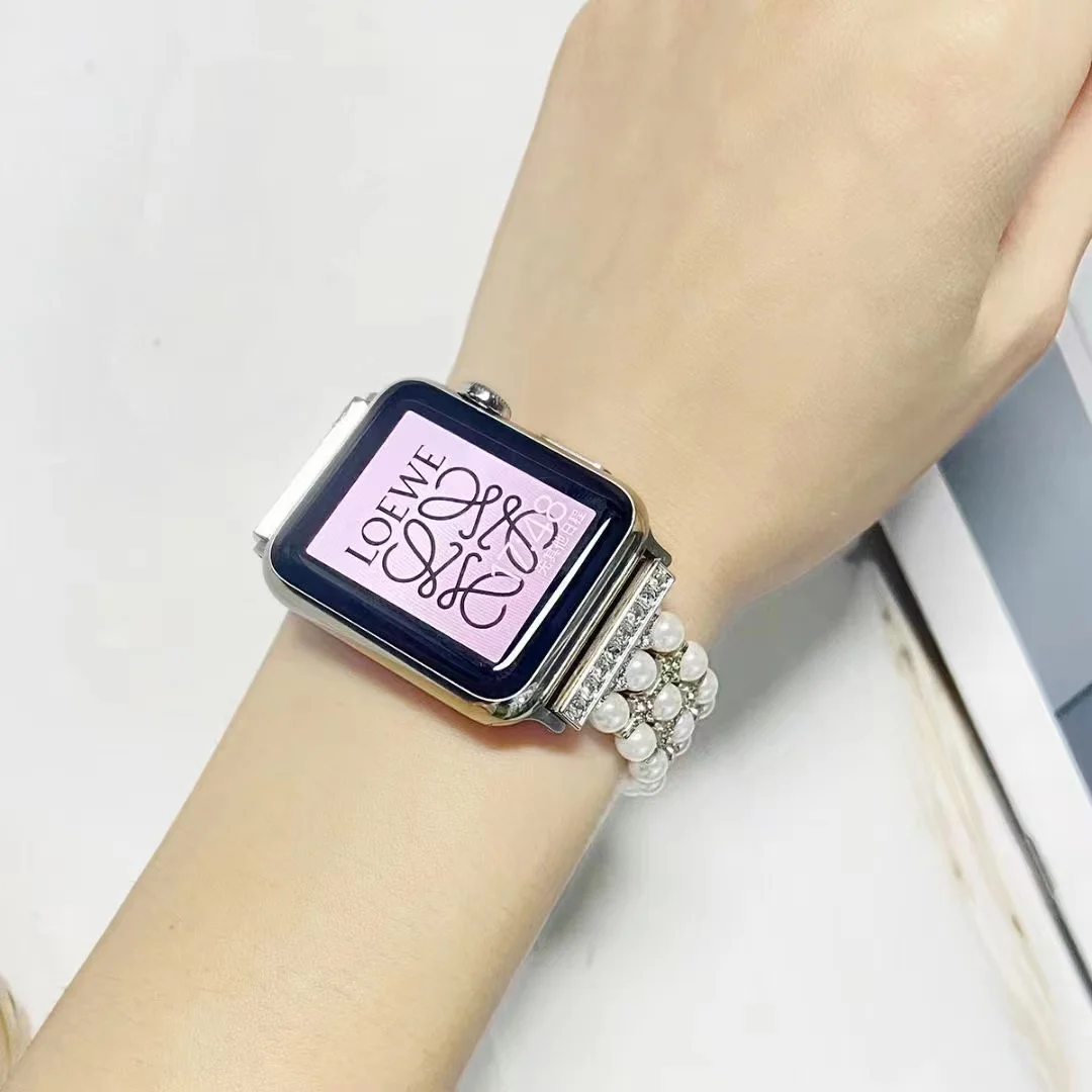 Pearl+Metal Strap For Apple Watch 45mm 44mm 41mm 42mm 40mm 49mm Women Diamond High-end Band iWatch Ultra 8 7 6 5 4 3 SE Correa