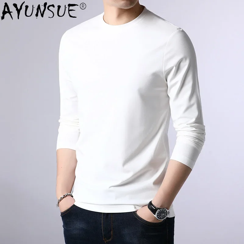 

AYUNSUE Man's T-shirt Spring Autumn Silk T-shirts Korean Long Sleeve White Tshirt Mens Clothes Solid Color T Shirt Homme KJ7079