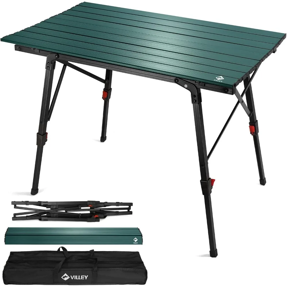 Portable Camping Table with Adjustable Legs, Lightweight Aluminum Folding Beach Table with Carrying Bag for Outdoor Cooking, Pi