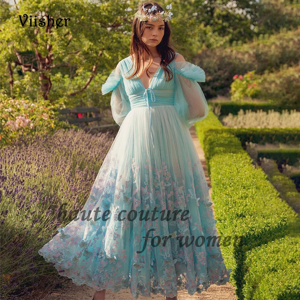 

Aqua Green Tulle Fairy Prom Party Dresses V Neck Puffy Sleeve 3D Butterfly Evening Dress Ankle Length Graduation Homecoming Gown