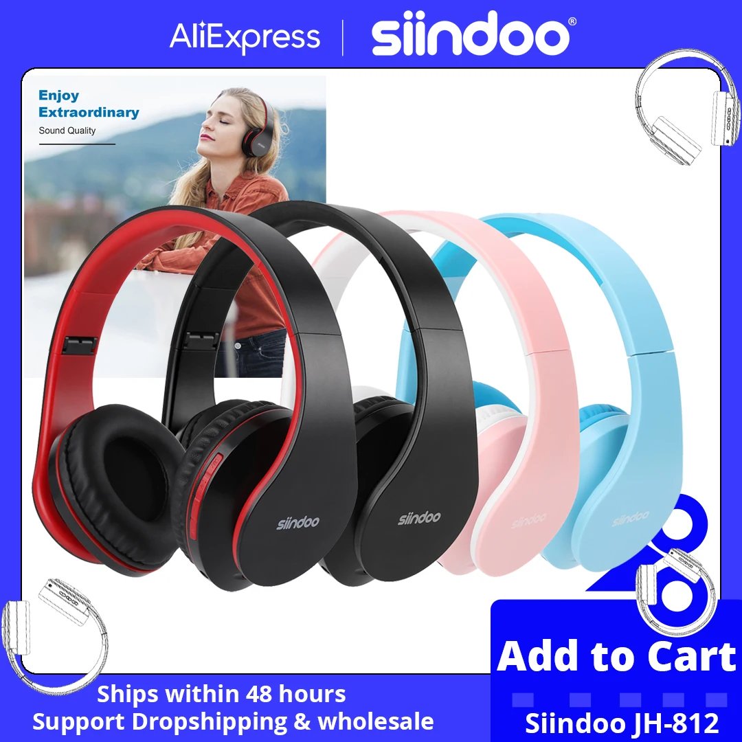 

Siindoo JH-812 Bluetooth Headphone Foldable Stereo Earphones Music Headset FM and Support SD Card with Mic for Mobile Samsung PC