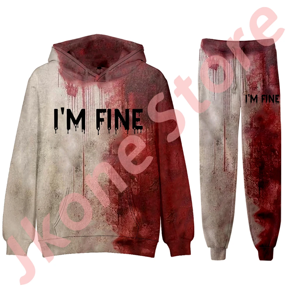 I'm Fine Bloody Hoodies Jogger Pants Halloween Blood Horror Merch Cosplay Women Men Fashion Streetwear Set