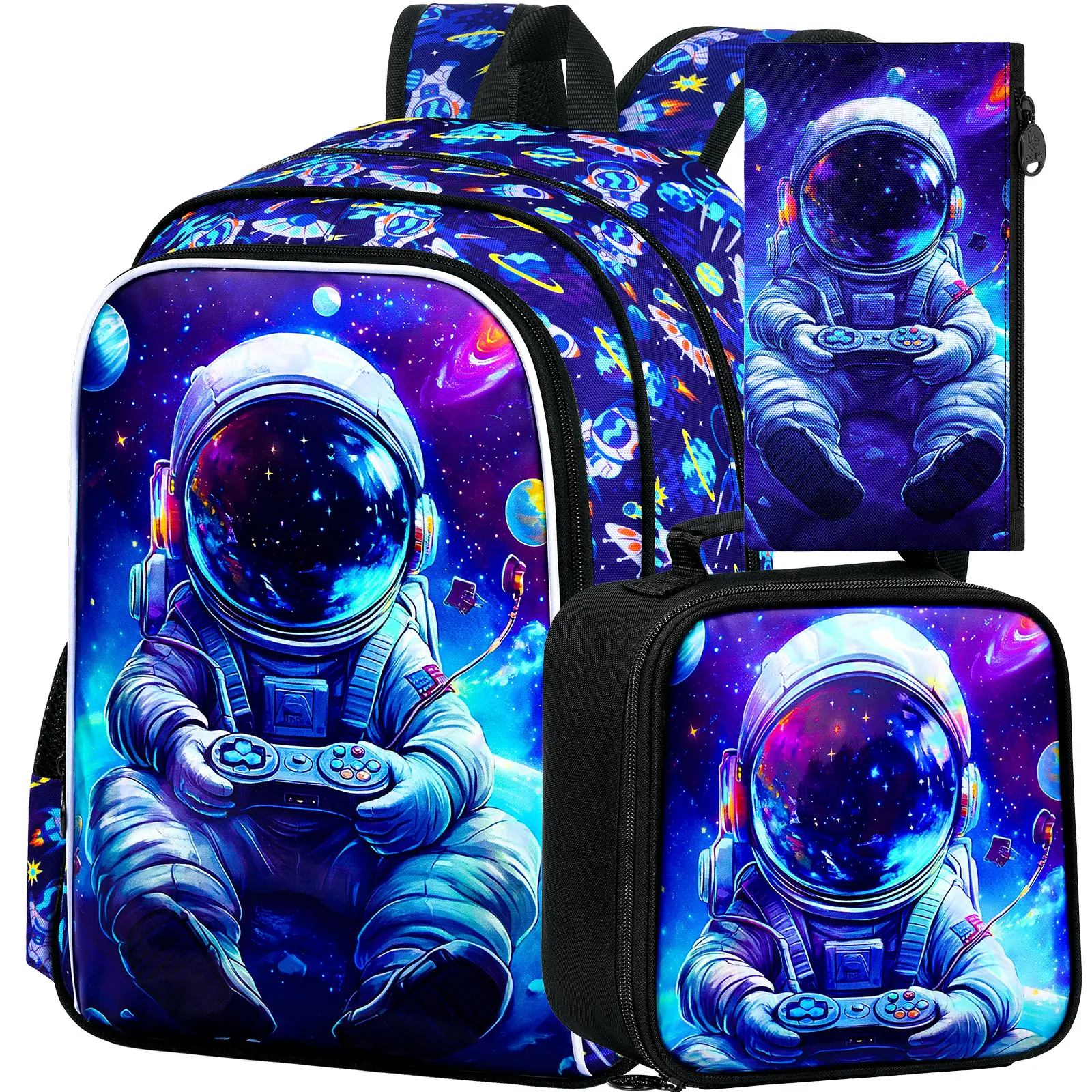 

3PCS Boys Backpack,16 "Kids Astronaut Bookbag with Lunch Box, School Bag for Elementary Toddler