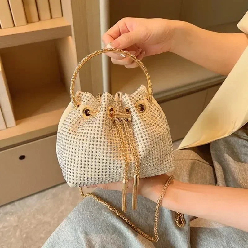 Women\'s Handbags Shoulder Candy Color Bucket Bag Round Handle Drawstring Crossbody Bags for Women Rhinestone Evening Bag Bolsa