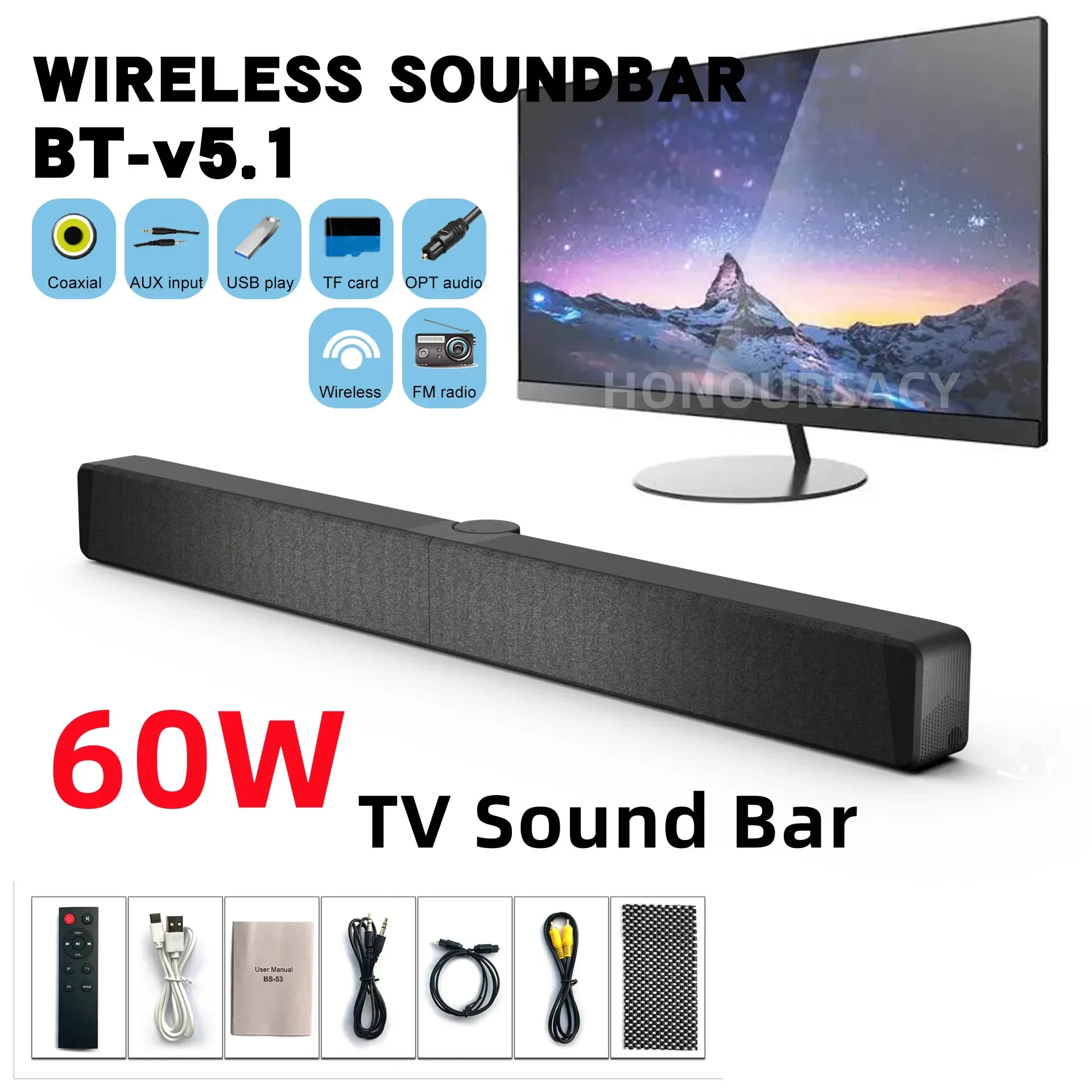 TV Sound Bar BT 5.1 Wireless Speakers with FM Collapsible Soundbar Home Theater Surround Sound System TF Card/Aux/RCA