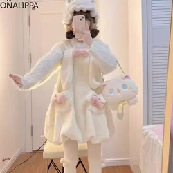 Onalippa Fiocchi pelosi Kawaii Mini abito Vento delicato Grandi orecchie Colletto quadrato Petalo Abiti Coreano senza maniche Abiti larghi Donna