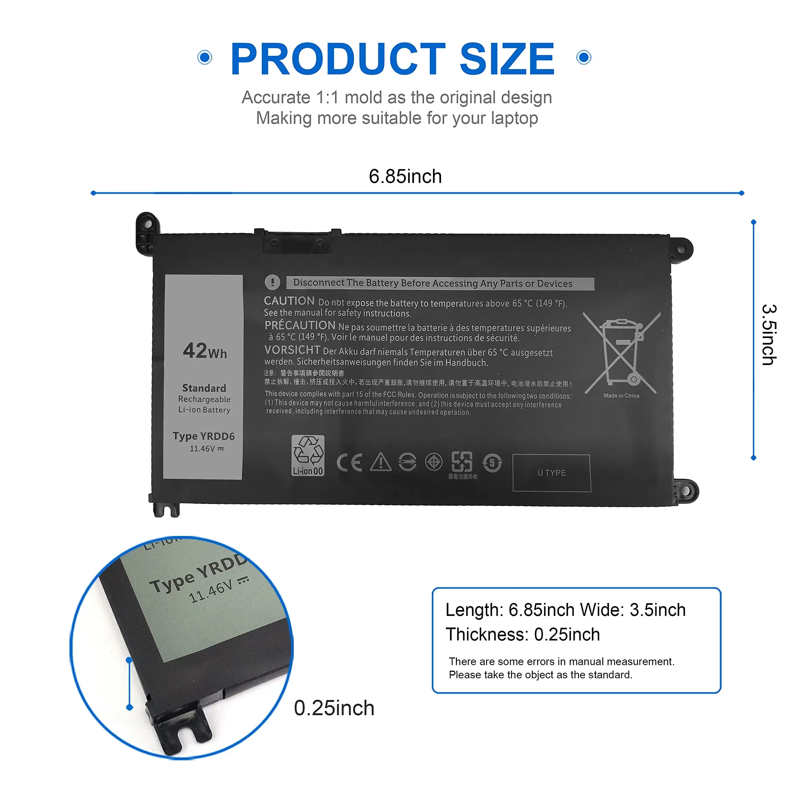 YRDD6 Laptop Battery for Dell Inspiron 3493 3501 3582 3583 3584 3593 3793 5480 5481 5482 5485 5491 5493 5585 5590 5591 5593 5594