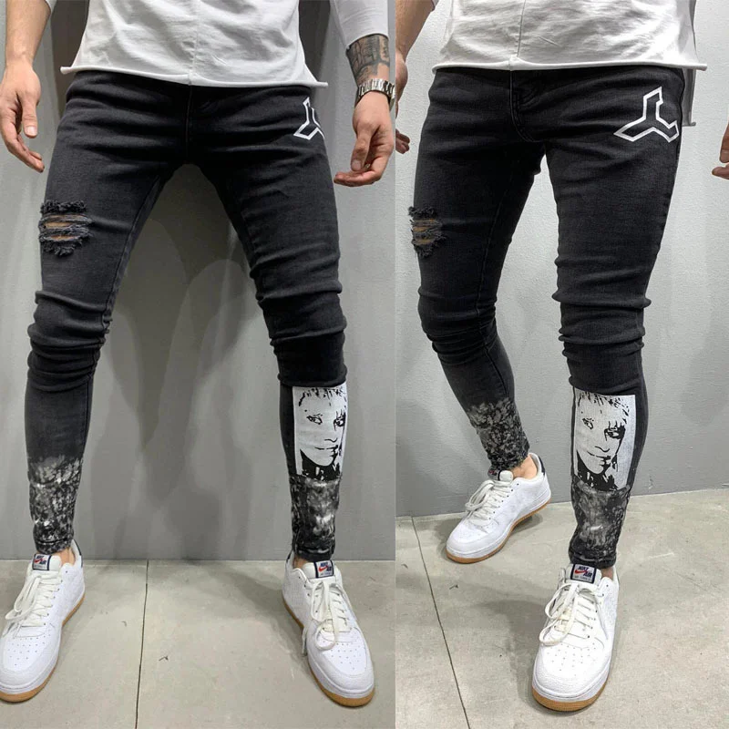 

Men's Personalized Ripped Jeans Skinny Black Slim Pants Stretch Slim Hip Hop Pants Men's 3D Beauty Graphic Printed Jeans