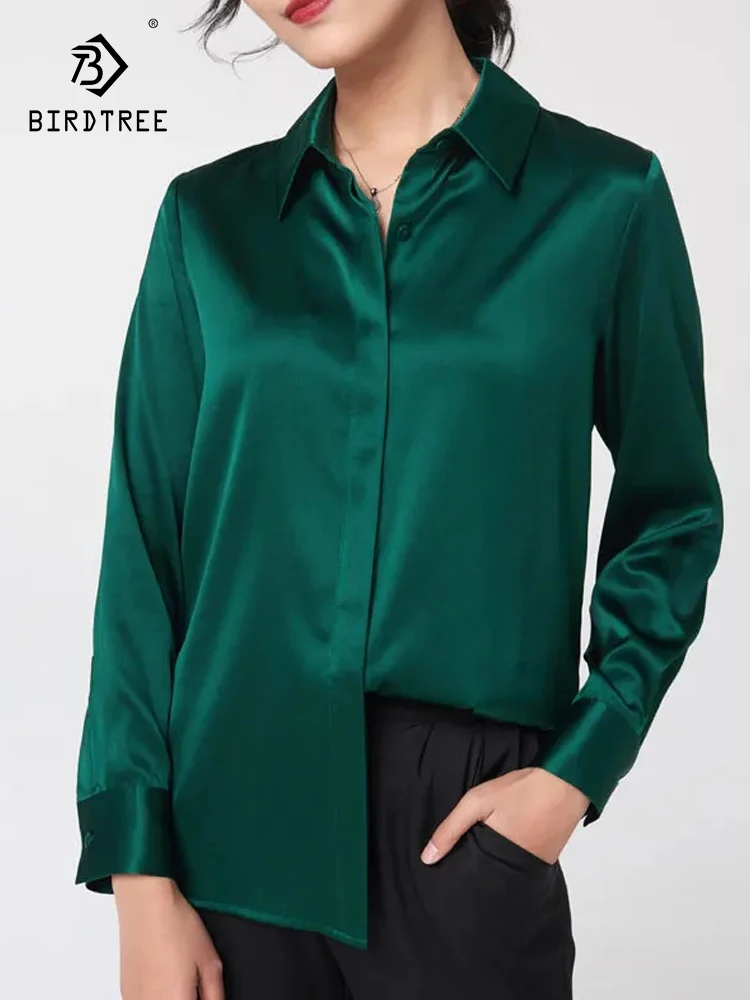 

Birdtree Women 2024 Spring Autumn,93%Silk 7%Spandex Shirt,Business Color Contrast Long Sleeve Shirt Commuter Slim Top T38661QC