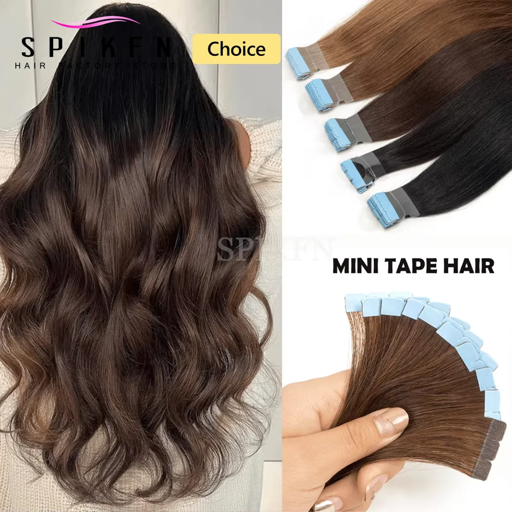 وصلات شعر بشريط صغير بدون خياطة للنساء شعر بشري مفرود باللون الأسود والبني الأشقر يسلط الضوء على شعر شريطي صغير 12 "-20" #1