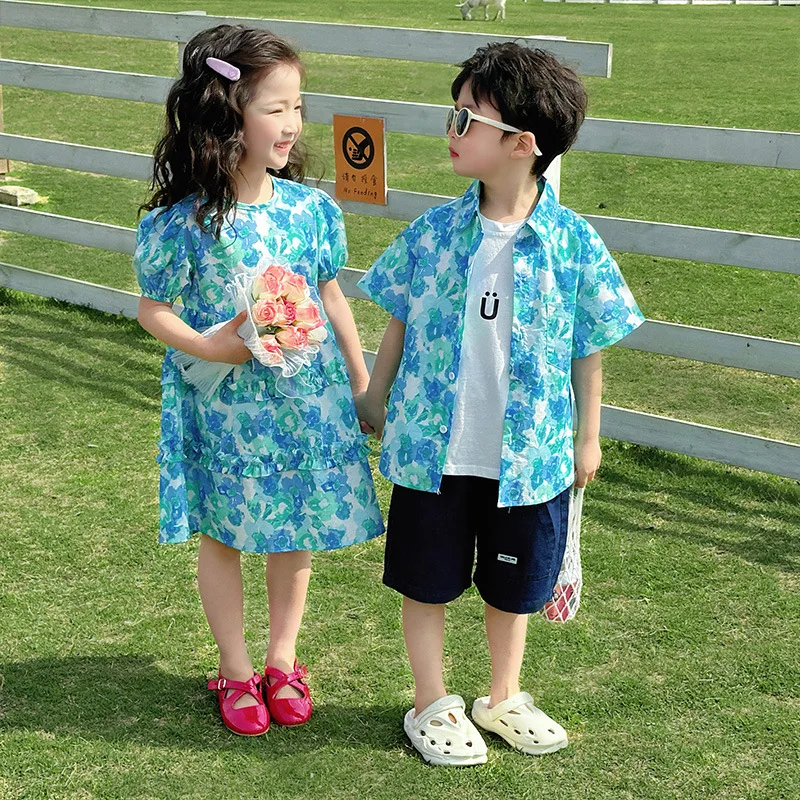 

Holiday Brother Sister Matching Sibling Outfits Funny Baby Twin Clothes Kid Girl Flower Dresses Vacation Child Boy Floral Shirts
