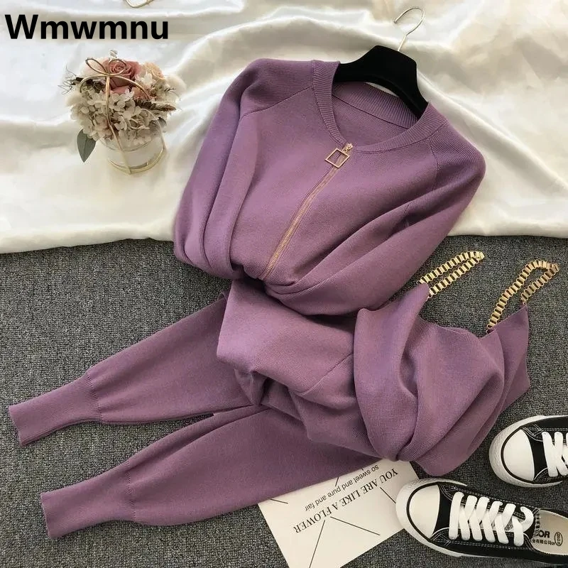 

Fashion Knitted Pants 3 Piece Set Chain Vest And Korean Jacket Conjunto Casual Jogger Pantalones Outfits Women Sweatpants Sets