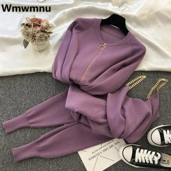 Fashion Knitted Pants 3 Piece Set Chain Vest And Korean Jacket Conjunto Casual Jogger Pantalones Outfits Women Sweatpants Sets