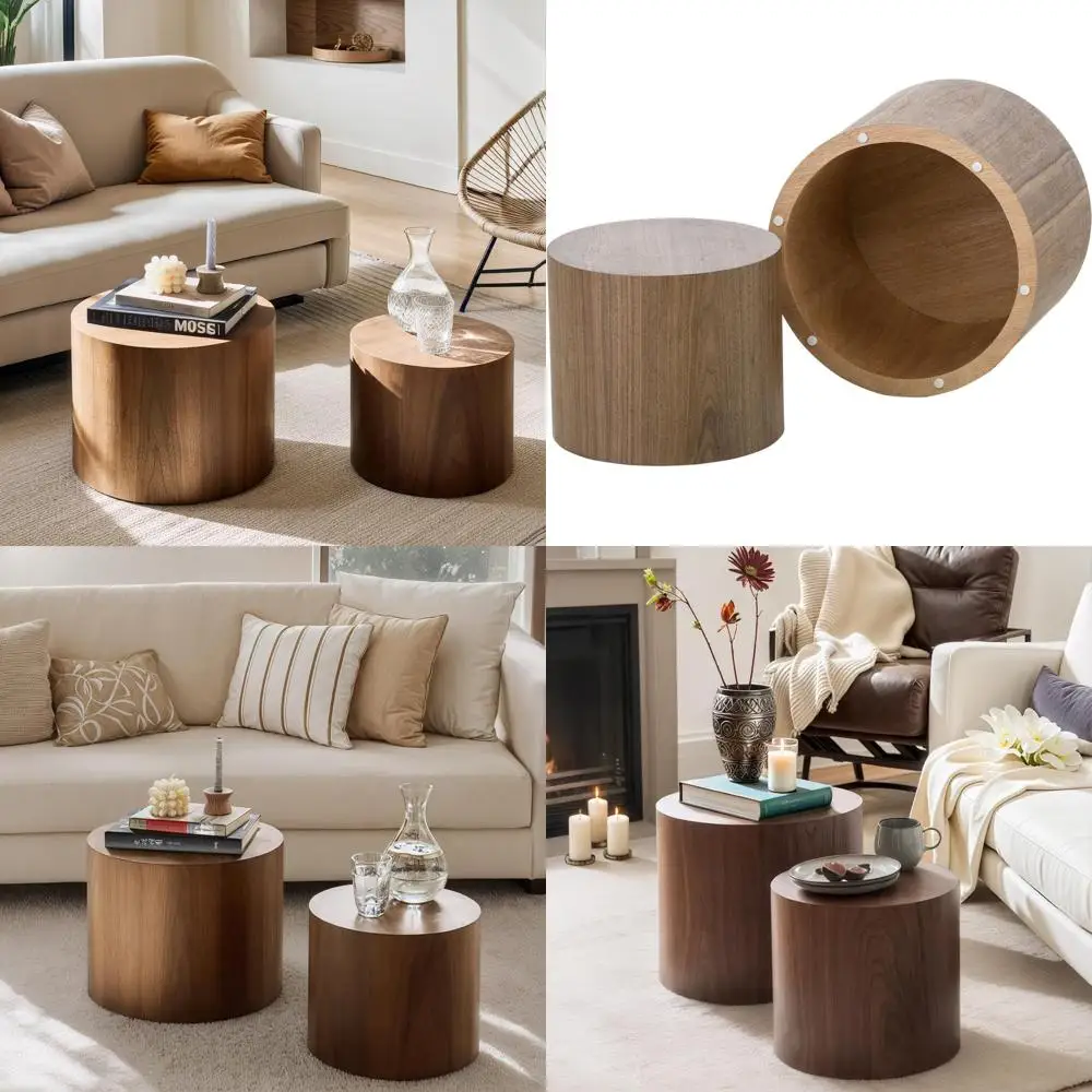 

Walnut Round Coffee Table Set of 2 for Small Spaces, Non-Slip Surface, Ideal for Living Room, Bedroom, Balcony, or Office (Walnu