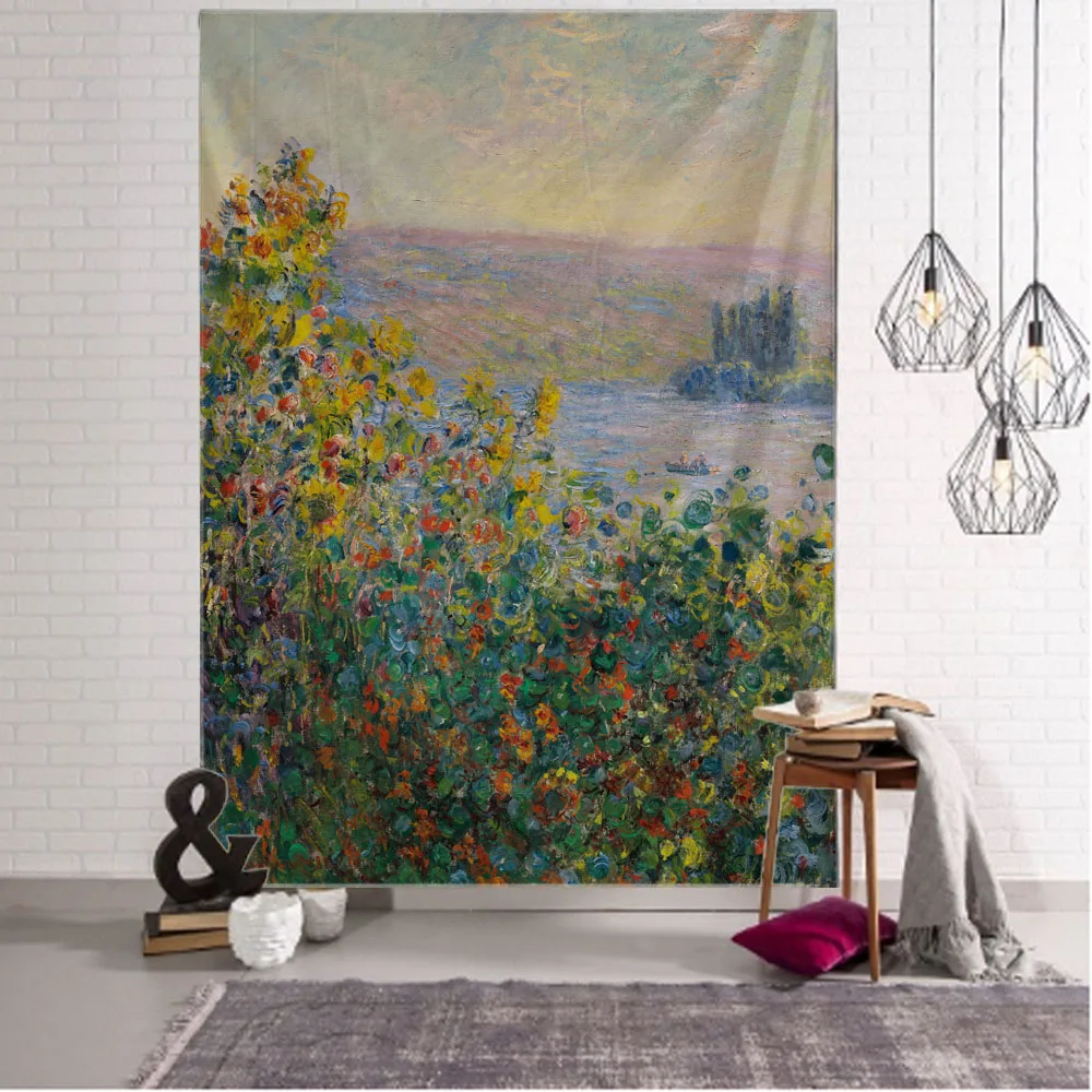 Monet Oil Painting Tapestry Sunflower Room Art Decoration Wall Hanging, Bohemian Style Bedroom, Living Room, Studio Fabric Mural