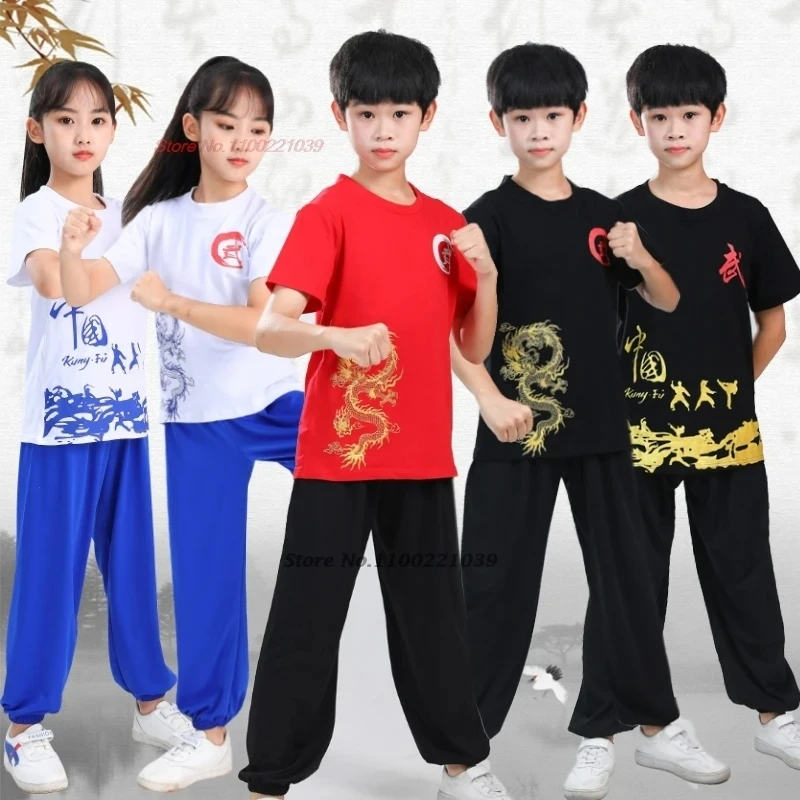 

2025 китайская детская традиционная одежда ушу, костюм для боевых искусств, костюм кунг-фу, тренировочная рубашка с принтом дракона + комплект брюк