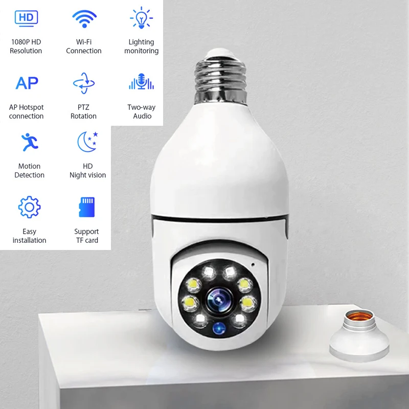 كاميرا Wifi Mini E27 Bulb IP - رؤية ليلية كاملة الألوان + تتبع بشري تلقائي، شاشة مراقبة أمنية داخلية
