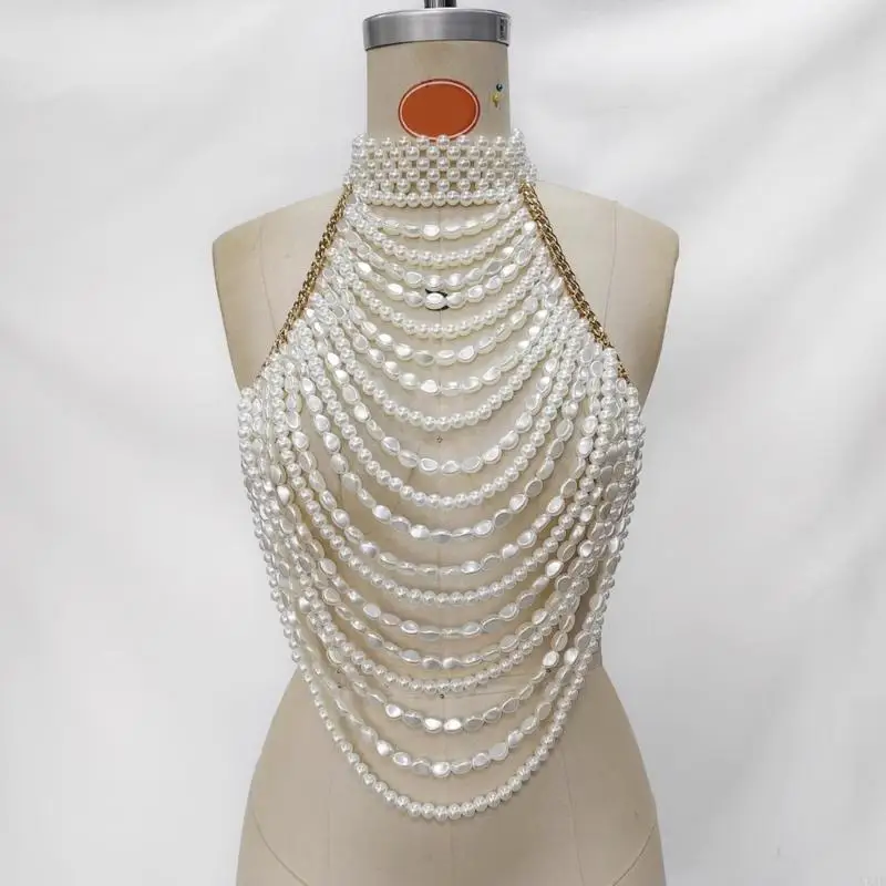  Pearls Body Chain Bra Multilayer Body Chain Harness Body Jewelry Accessories Beach Bikinis Coverup for Womens Girls