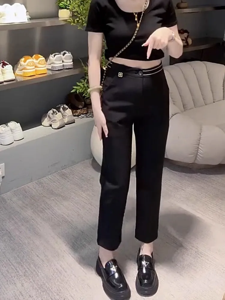 Прямые костюмные брюки больших размеров для женщин, повседневные брюки с девятью очками, осень 2024, новые свободные эластичные удобные брюки высокого качества Прямые костюмные брюки больших размеров для женщин, повседневные брюки с девятью очками, осень 2024, новые свободные эластичные удобные брюки высокого качества