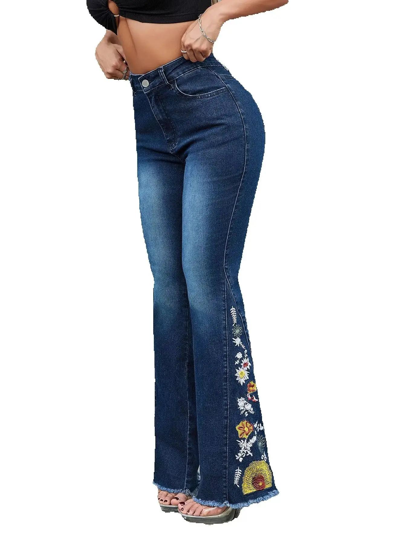 2024 Autumn and Winter New Women's Embroidered Flared Jeans Fashion High Elasticity Slim Fit Raw Edge Denim Pants