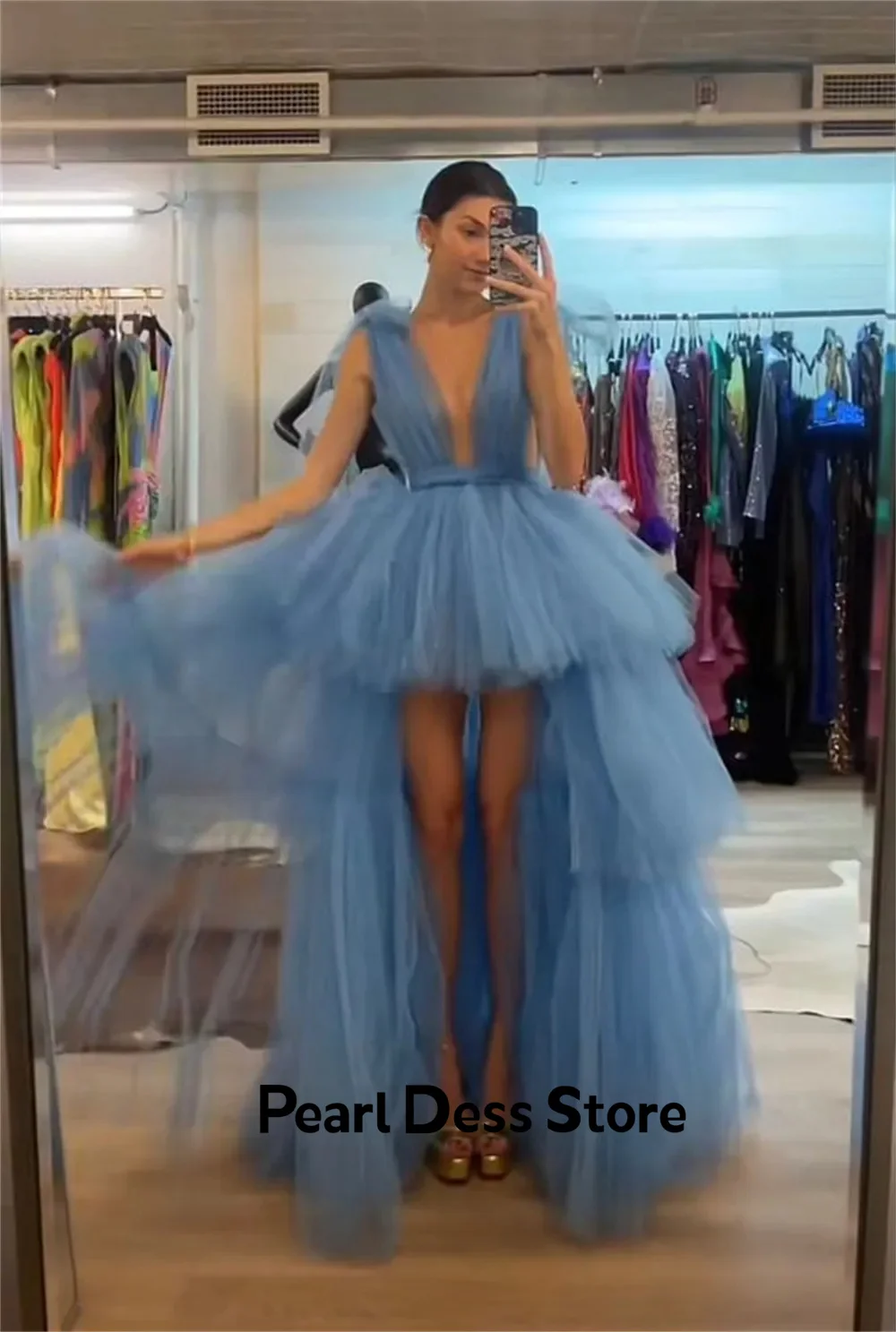 Sweetheart Blue High Low Prom Dress Vestidos De Noche Sexy Deep V-Neck Evening Dress Tight Corset Tulle Layered Graduation Party