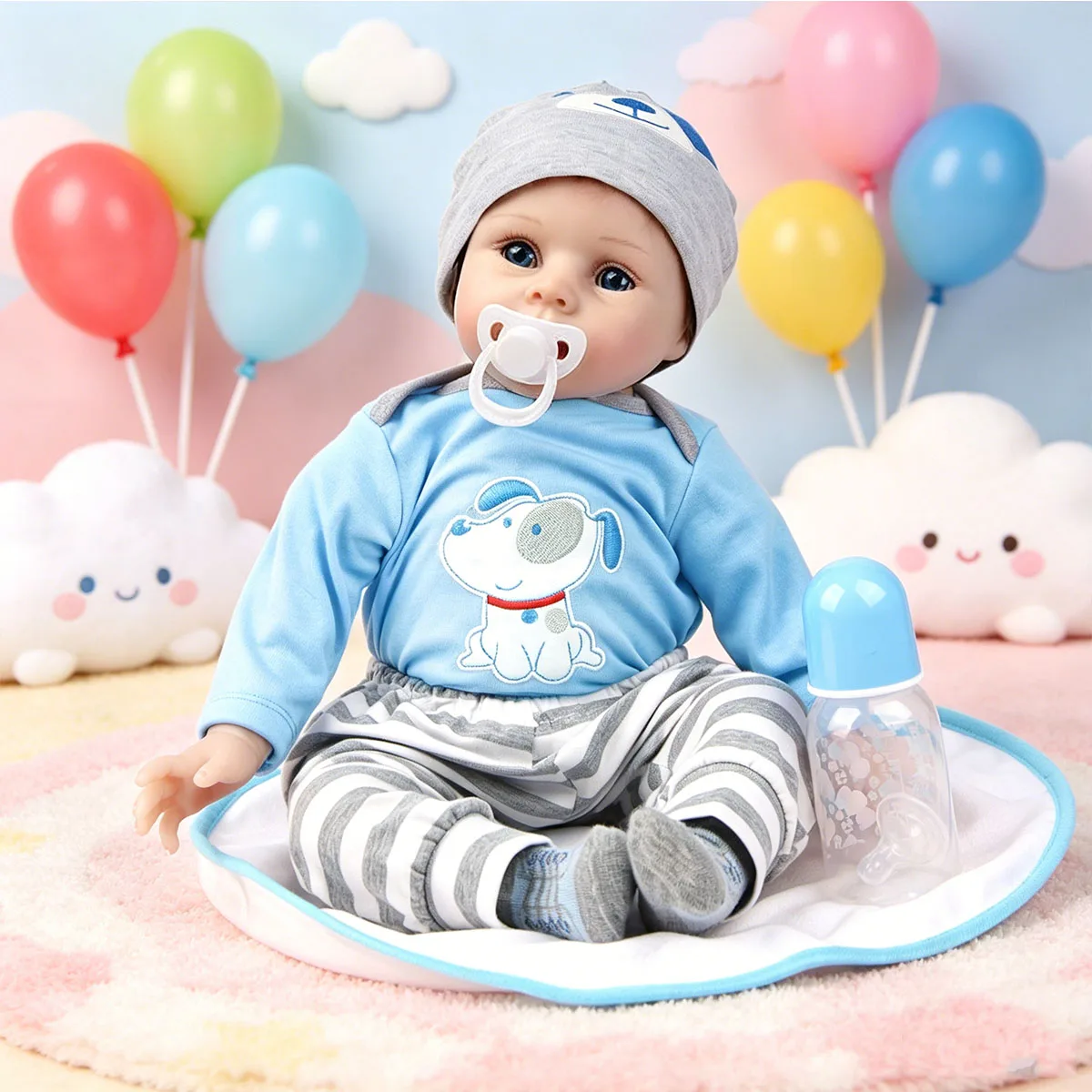 

22 Inch Reborn Baby Doll Boy, Realistic Lifelike Newborn Doll with Blue Puppy Outfit & Pacifier, Soft Silicone Vinyl Handmade Reborn Dolls, Ideal Gift for Kids & Collectors