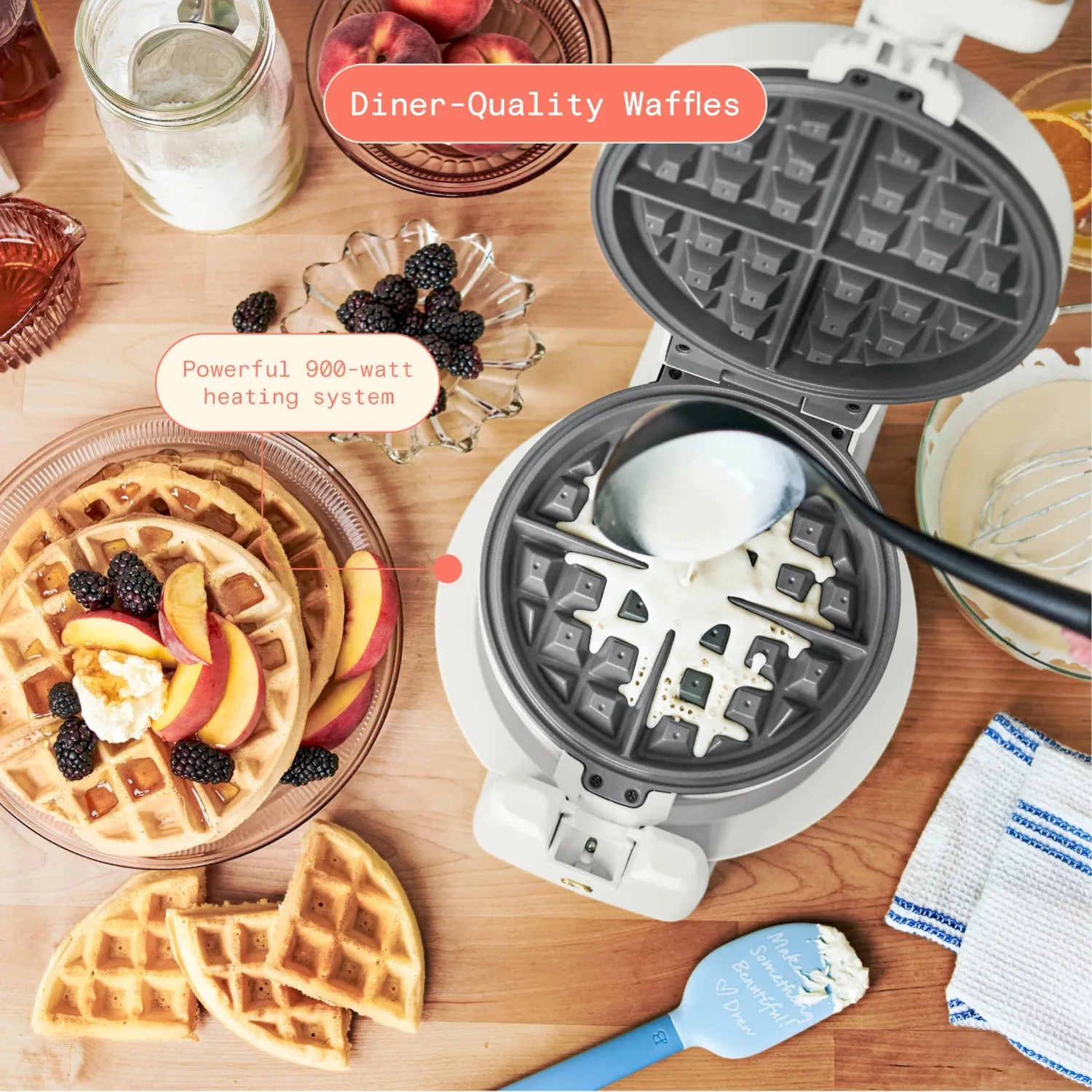 Rotating Belgian Waffle Maker,Waffle Tool Set Bakeware,White Icing