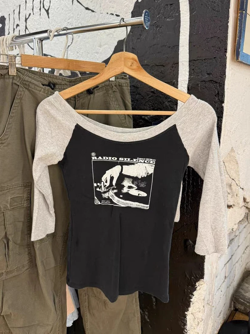 

Graphic Print Patchwork T-shirt Woman Three Quarter Sleeve Sexy Slash Neck Cotton Tee Tops Female Vintage Streetwear Tshirts