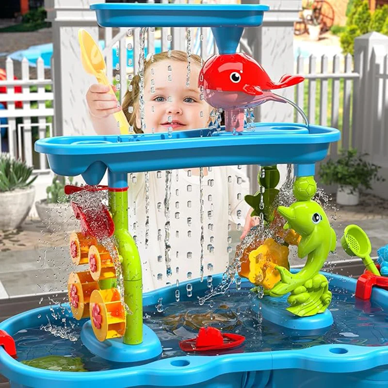 Tavolo per acqua di sabbia per bambini TEMI. 3 livelli. Stagno per docce pioggia. Gioco sensoriale. Giocattolo estivo da spiaggia per i più piccoli.