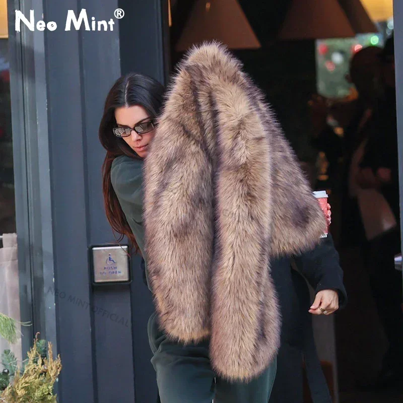 

Neo Mint Chic Brand Icon Fashion Kendall Jenner Brown Gradient Faux Fur Jacket Women 2024 Winter New Luxury Cropped Fox Fur Coat