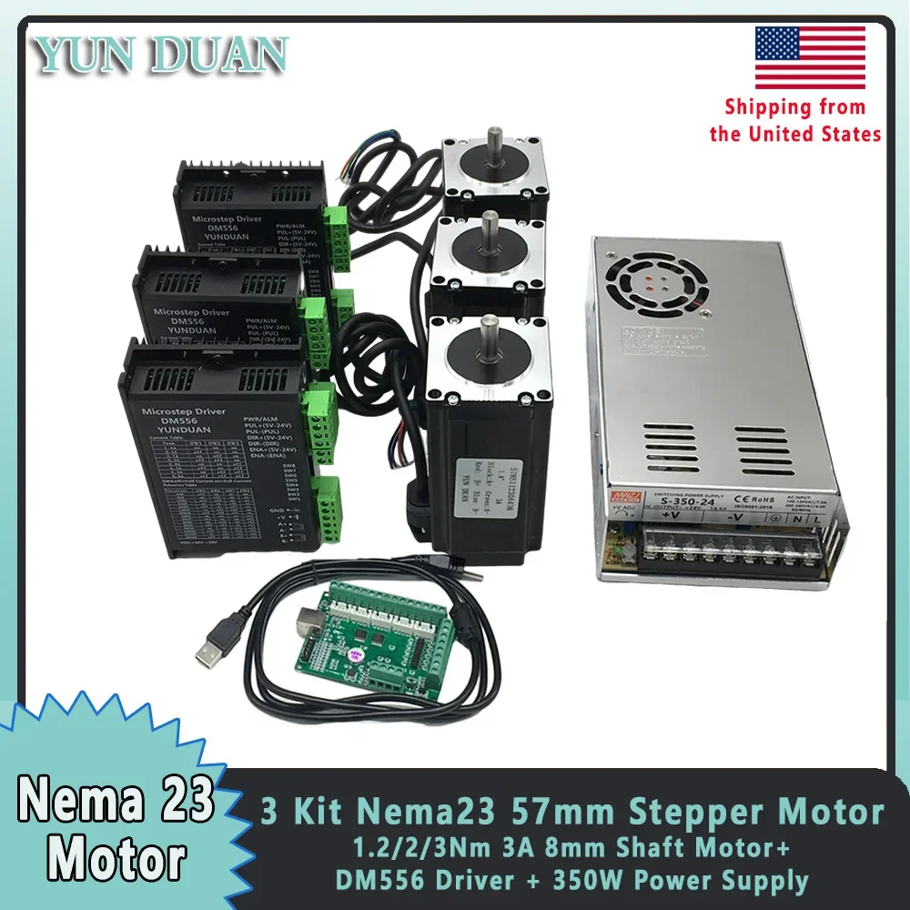 

3 комплекта шагового двигателя Nema23, двигатель 1,2/2/3 Нм, 3A, вал 8 мм, драйвер DM556, 350 Вт, источник питания, карта USB Mach3 для гравировального станка с ЧПУ